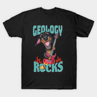 Cute Geology Rocks with dachshund doxie dog playing guitar T-Shirt